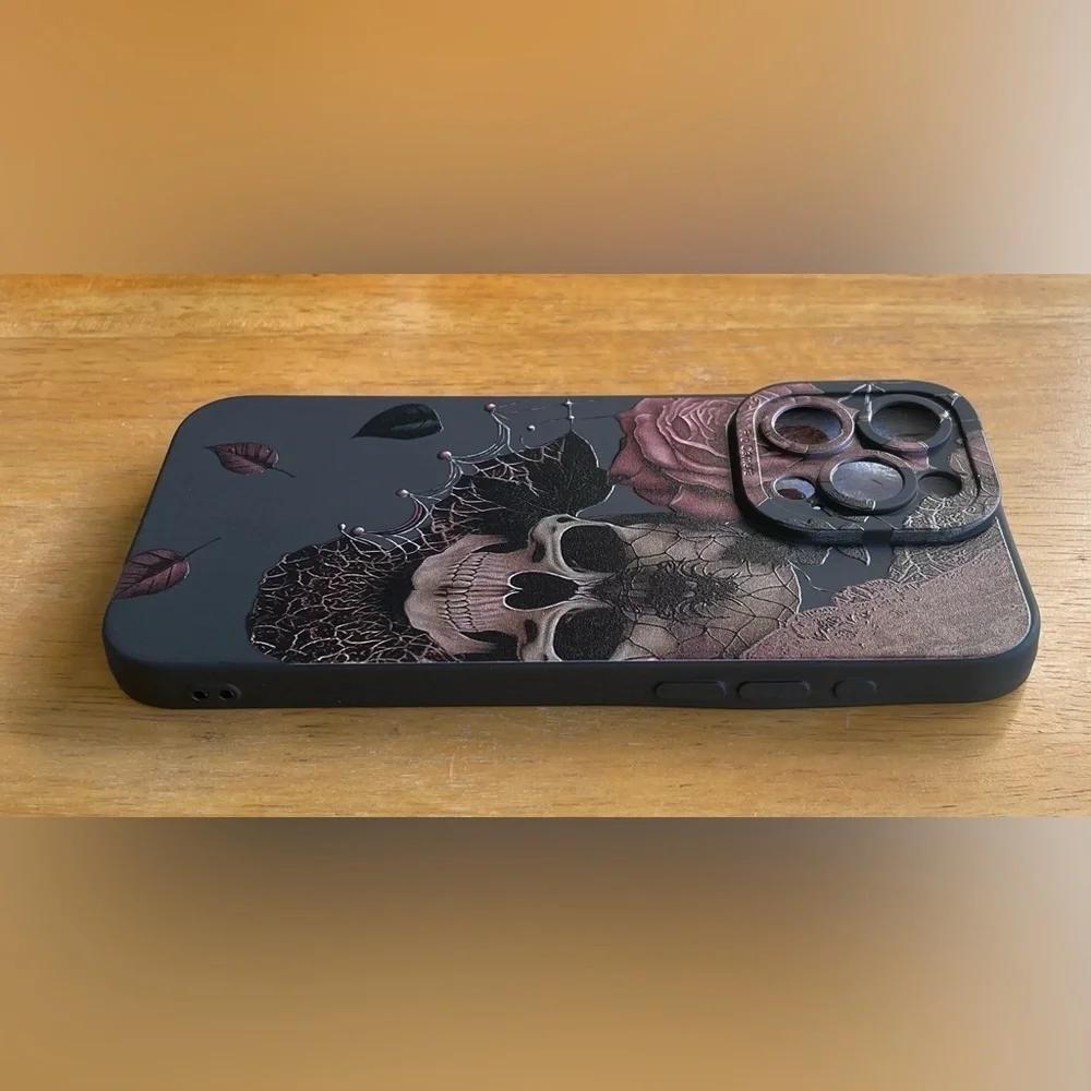 Black Skull and Flower Phone Case Available for iPhone 13 & iPhone 15 Pro Max - Picture 2 of 5